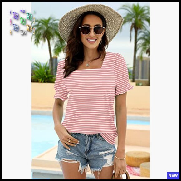 Square Neck Ruffle Sleeve T-Shirt Casual Chic Summer Tops Women's Tee - Picture 2 of 7